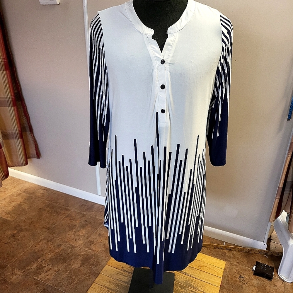 Women's Navy and White Asymmetrical Button-Front Dress